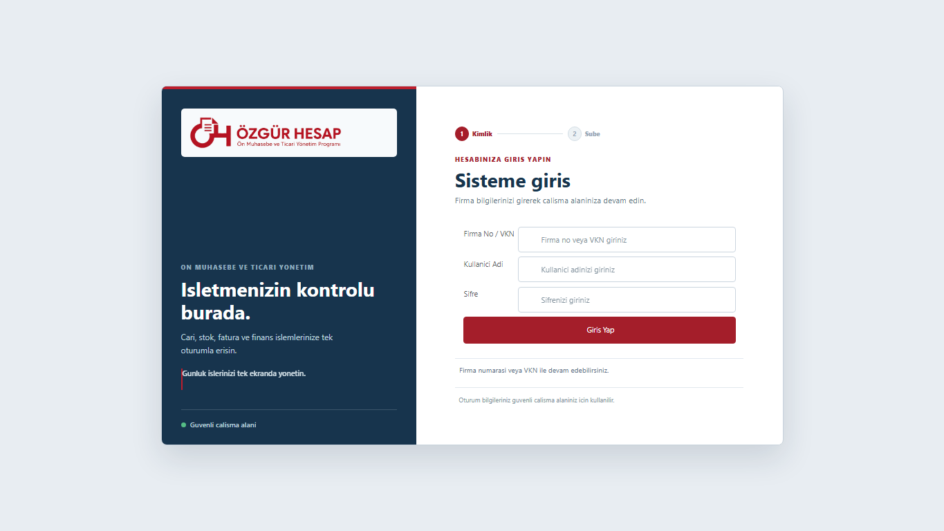 Özgür Hesap gerçek web uygulaması giriş ekranı